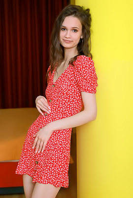 Anastasia Bella Unbuttoning Her Scarlet Dress To Reveal Her Perky Breasts
