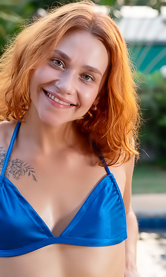 Polly Flame Strips In Sun By Pool For Solo Dildo Pleasure